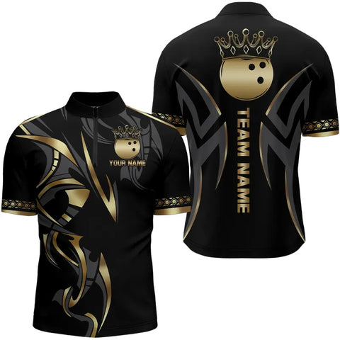 Black and Gold crown Bowling ball Polo, Quarter Zip Shirts for Men Custom Bowling Team jerseys NQS9287