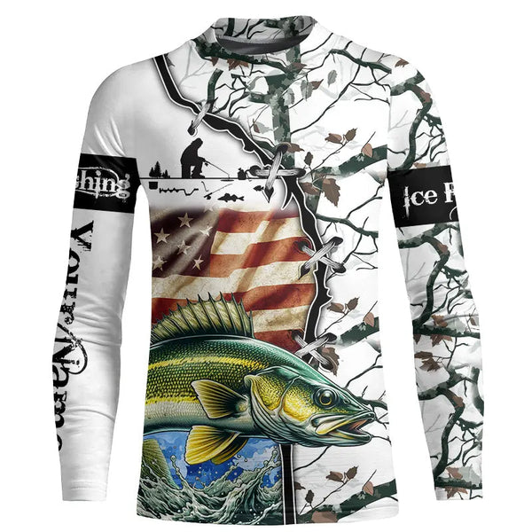 Walleye ice fishing snow camo American Flag Custom Fishing Shirts, Personalized Gifts for Fisherman NQS2901