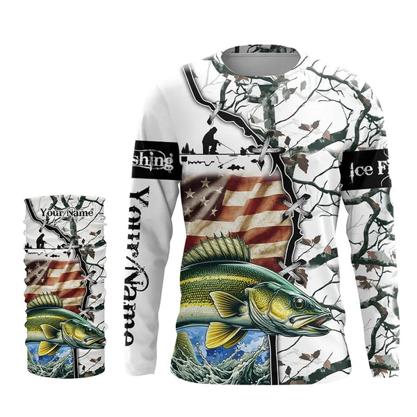 Walleye ice fishing snow camo American Flag Custom Fishing Shirts, Personalized Gifts for Fisherman NQS2901