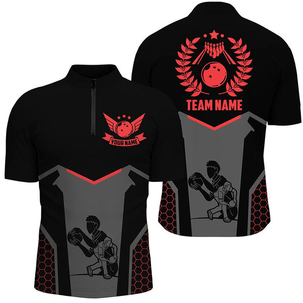 Black Bowling Jersey For Men Custom Retro Bowling Shirts For Team Bowlers | Red NQS7552