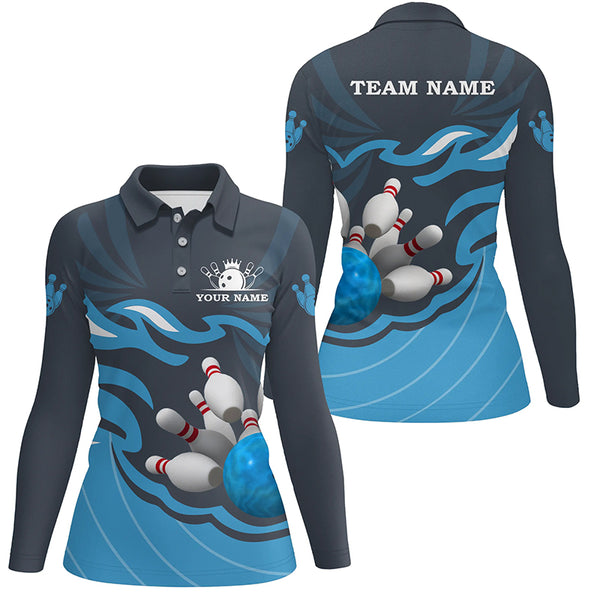 Women bowling polo shirt Custom bowling ball pins team league jersey, personalized bowling gift | Blue NQS6266