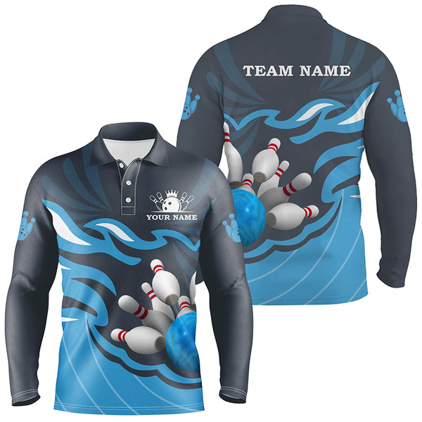 Mens polo bowling shirt Custom bowling ball pins team league jersey, personalized bowling gifts | Blue NQS6266