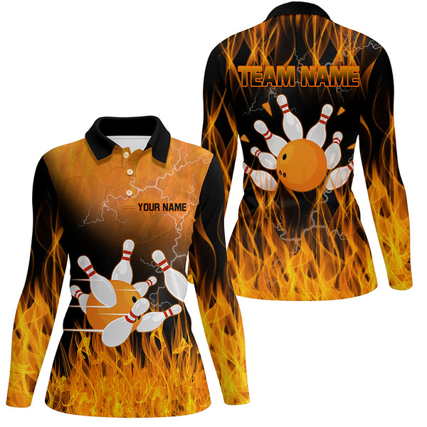 Black and Orange Flame Bowling Polo, Quarter zip Shirt For Women Custom Team Bowling Jerseys with name NQS8826