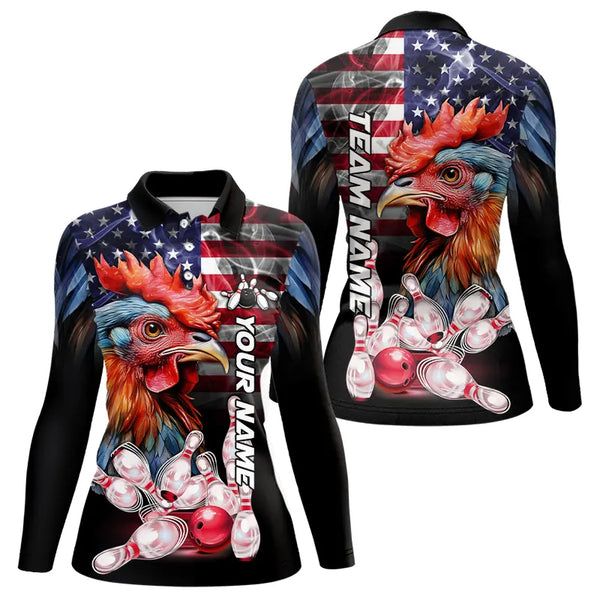 American Flag Rooster Bowling Polo, Quarter Zip Shirts for Women Custom patriotic Team Bowling jerseys NQS9296