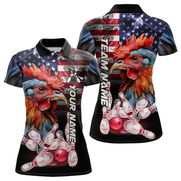 American Flag Rooster Bowling Polo, Quarter Zip Shirts for Women Custom patriotic Team Bowling jerseys NQS9296