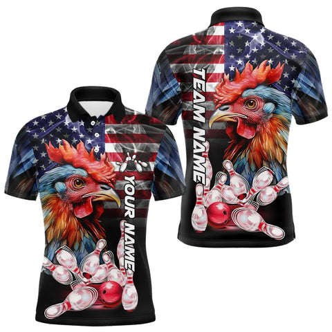 American Flag Rooster Bowling Polo, Quarter Zip Shirts for Men Custom patriotic Team Bowling jerseys NQS9296