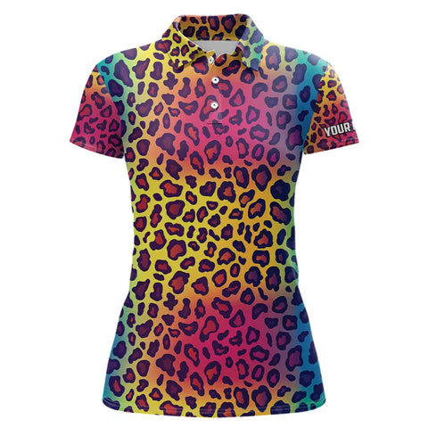 Colorful Rainbow leopard pattern Womens golf polos shirts custom golf attire for women NQS9299