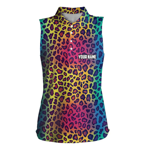 Colorful Rainbow leopard pattern Womens sleeveless golf polo shirt custom golf attire for women NQS9299