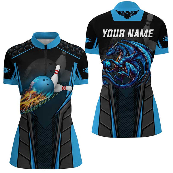 Personalized bowling shirt for Women Custom Dragon team blue Bowling jerseys polo, Quarter zip Shirts NQS7954