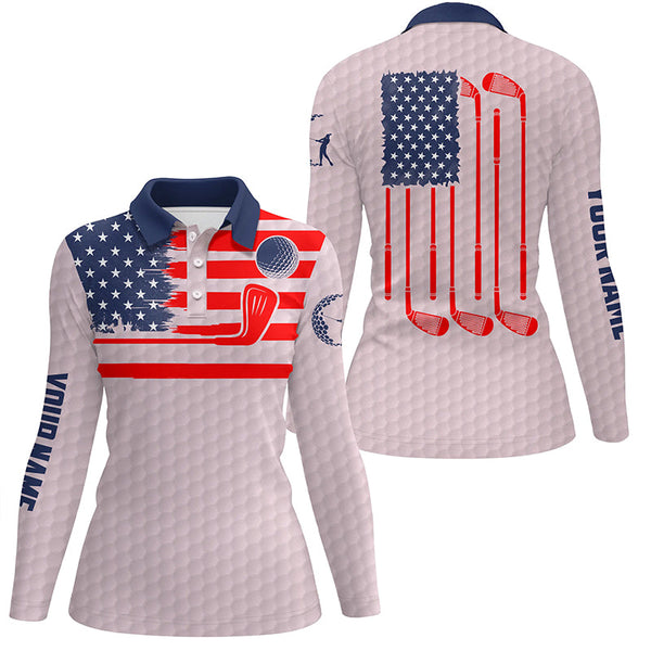 American flag patriotic womens golf polo shirt custom name pink golf polo shirt, unique golf gifts NQS6478