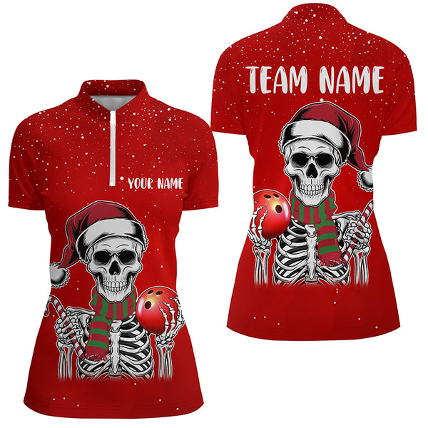 Skull Christmas Women Bowling Polo, Quarter Zip shirt custom bowling jersey Xmas Gift for team | Red NQS8835