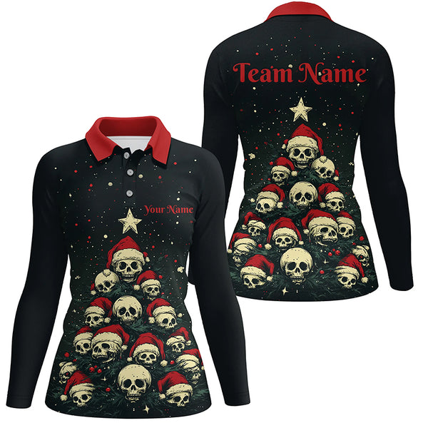 Funny Skull Christmas Tree Women Bowling Polo, Quarter Zip shirts custom Xmas Team bowling jerseys NQS8836