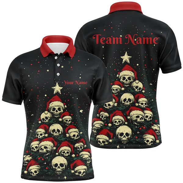 Funny Skull Christmas Tree Mens Bowling Polo, Quarter Zip shirts custom Xmas Team bowling jerseys NQS8836