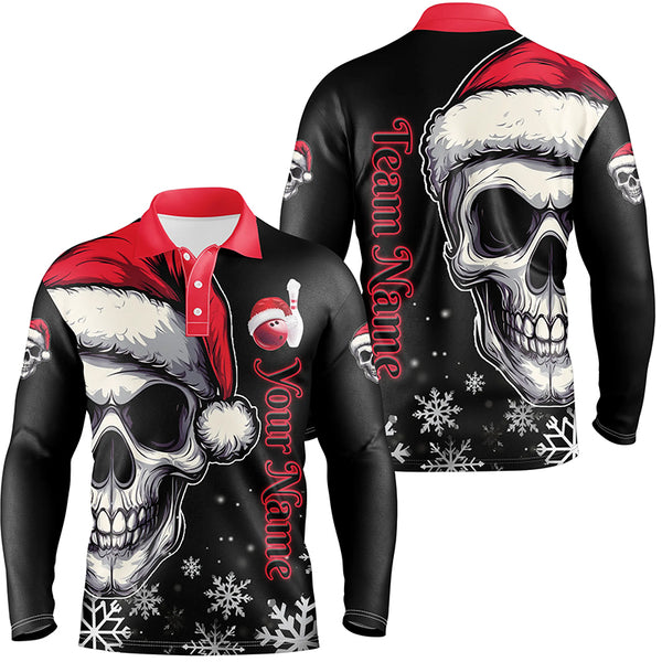 Red and Black Christmas Skull Mens Bowling Polo, Quarter Zip shirts custom Xmas Team bowling jerseys NQS8837