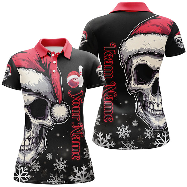 Red and Black Christmas Skull Women Bowling Polo, Quarter Zip shirts custom Xmas Team bowling jerseys NQS8837