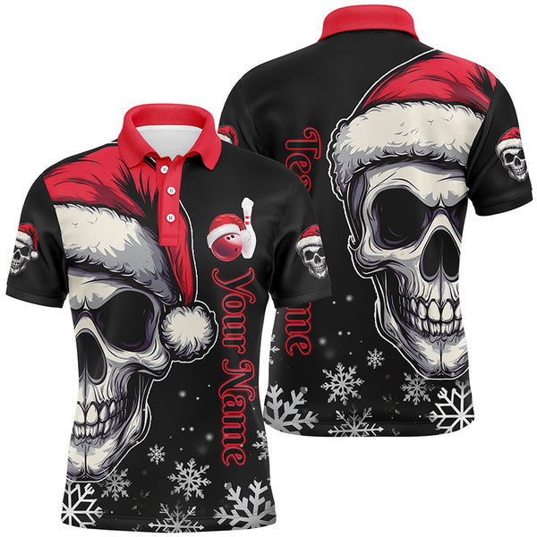 Red and Black Christmas Skull Mens Bowling Polo, Quarter Zip shirts custom Xmas Team bowling jerseys NQS8837