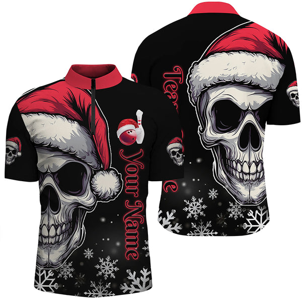 Red and Black Christmas Skull Mens Bowling Polo, Quarter Zip shirts custom Xmas Team bowling jerseys NQS8837