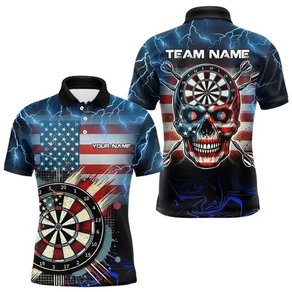 American Flag Skull Dart Board Blue lightning Custom Team Dart Polo, Quarter Zip Shirt For Men NQS9302