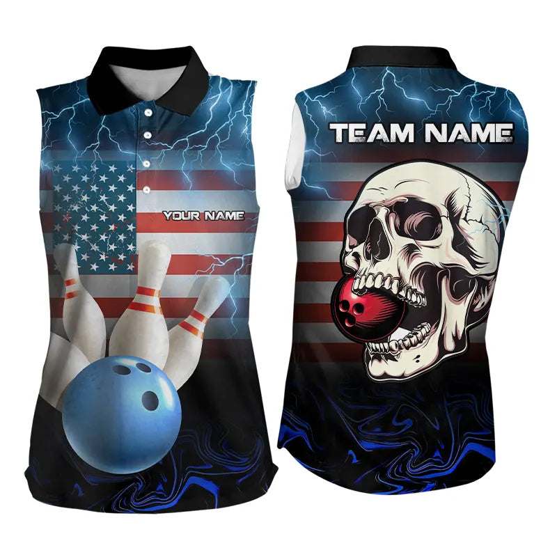 American Flag Skull Bowling Blue lightning thunder Bowling Sleeveless Polos Custom Team Bowling jersey NQS9303