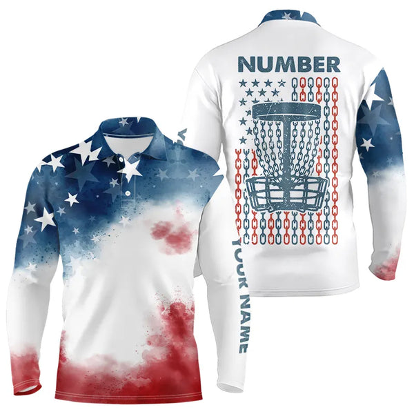 Watercolor American Flag Mens Disc golf polo shirts custom name and number patriotic disc golf jersey NQS9306