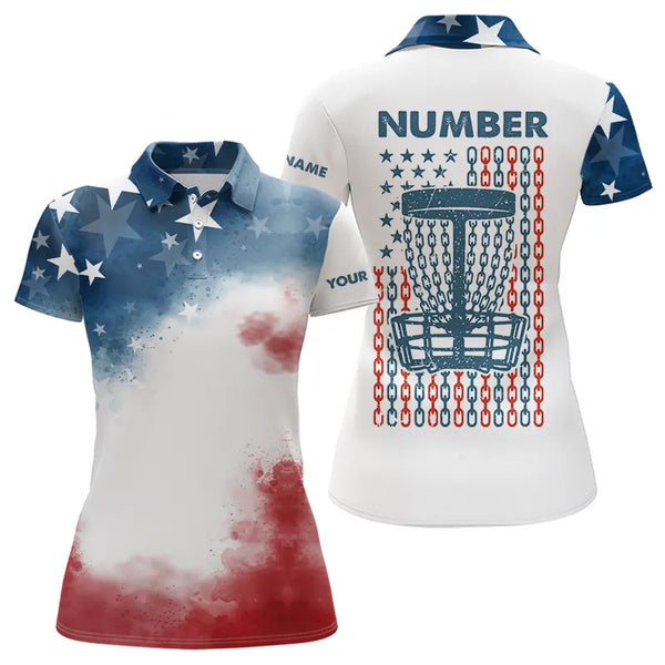 Watercolor American Flag Women Disc golf polo shirts custom name & number patriotic disc golf jersey NQS9306