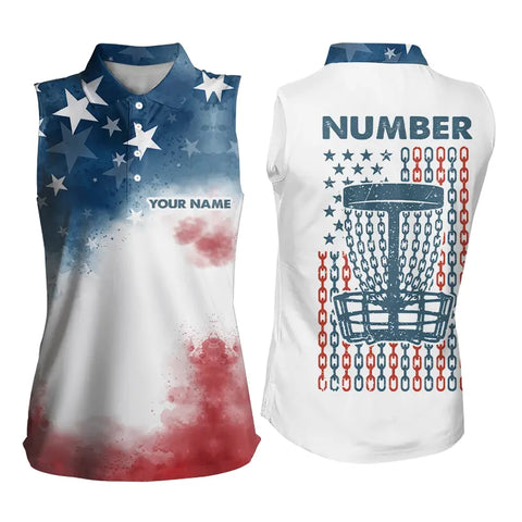 Watercolor American Flag Womens sleeveless polo shirt custom name & number patriotic disc golf jersey NQS9306