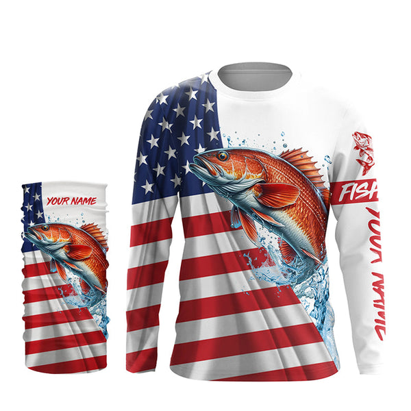 American flag patriotic Redfish fishing Custom Name UV Protection long sleeve Fishing Shirts for men NQS5369