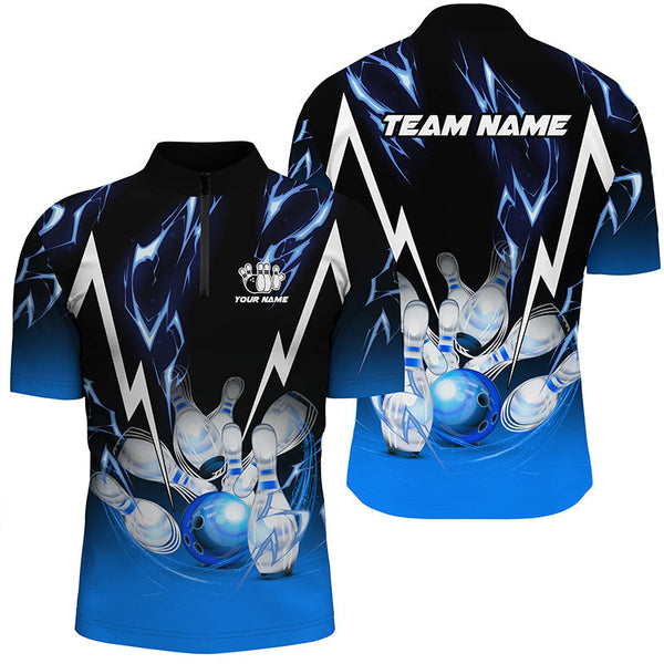 Black and Blue Lightning thunder Custom Bowling Polo, Quarter zip shirts For men, Team Bowling jerseys NQS8171