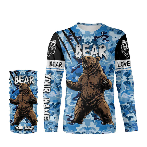 Bear hunter big game hunting blue camouflage Customize Name 3D All Over Printed Shirts NQS4009