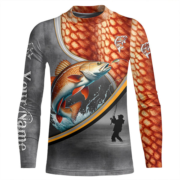 Redfish red drum fishing scales personalized saltwater fishing shirts, sun protection fishing apparel NQS3289