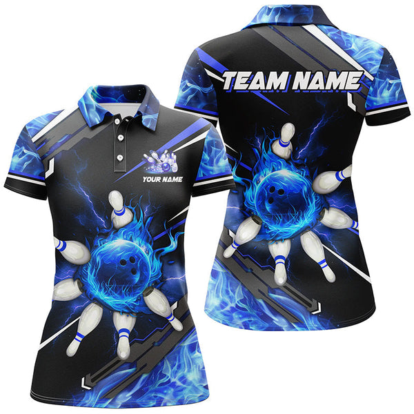Black and Blue Flame Bowling ball pins Women polo, Quarter zip Shirts Custom team Bowling jerseys NQS7972