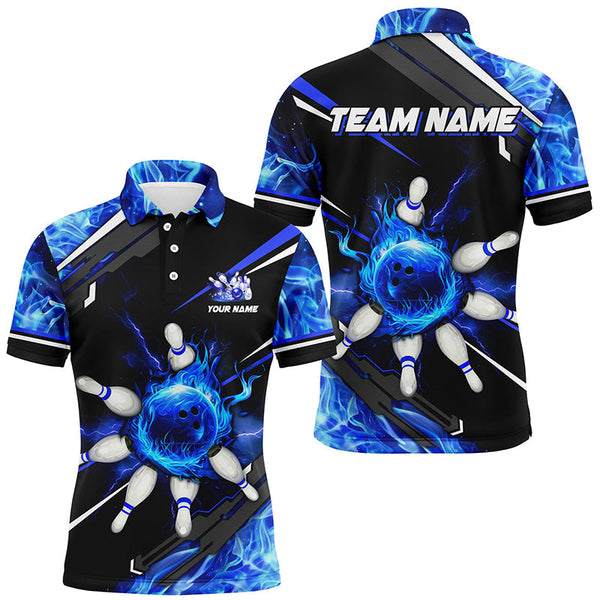 Black and Blue Flame Bowling ball pins Mens polo, Quarter zip Shirts Custom team Bowling jerseys NQS7972