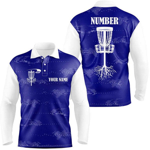 Blue and white Mens disc golf polo shirts custom disc golf basket, personalized disc golf gifts NQS6757