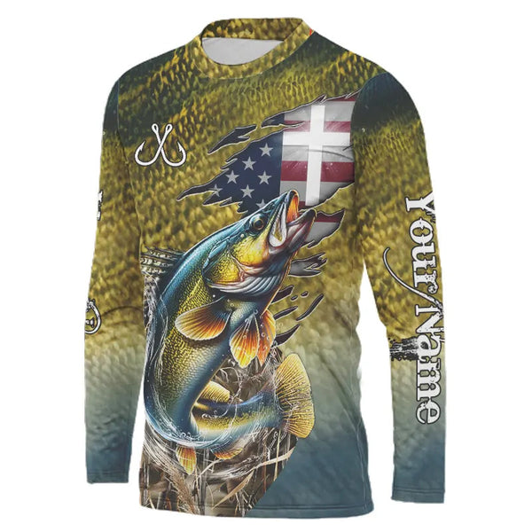 Walleye Fishing Scales Camo American Flag Faith patriotic Custom UV protection long sleeves shirts NQS9310