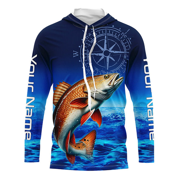 Personalized Redfish red drum Blue Long Sleeve Performance Fishing Shirts, compass tournament Shirt NQS5851