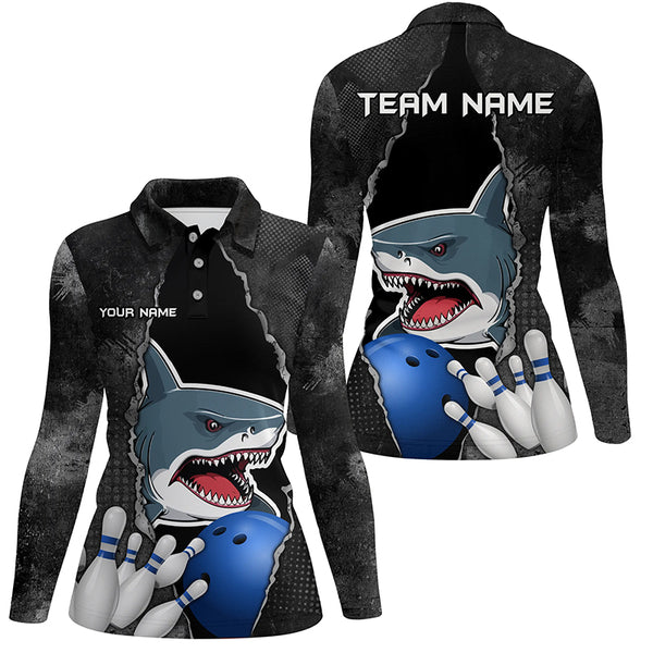 Shark grunge pattern Custom Women Bowling Polo, Quarter Zip Shirts Shark Bowling Team Jerseys Outfits NQS8841