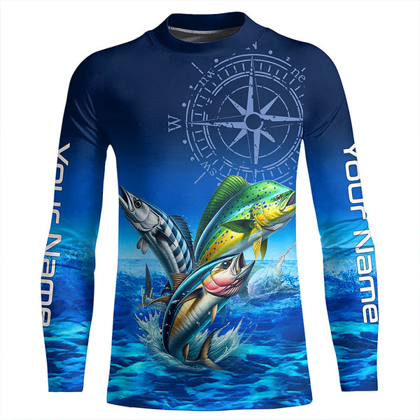 Personalized Mahi Mahi, Wahoo, Tuna Blue Performance Fishing Shirt, compass offshore tournament Shirts NQS5866