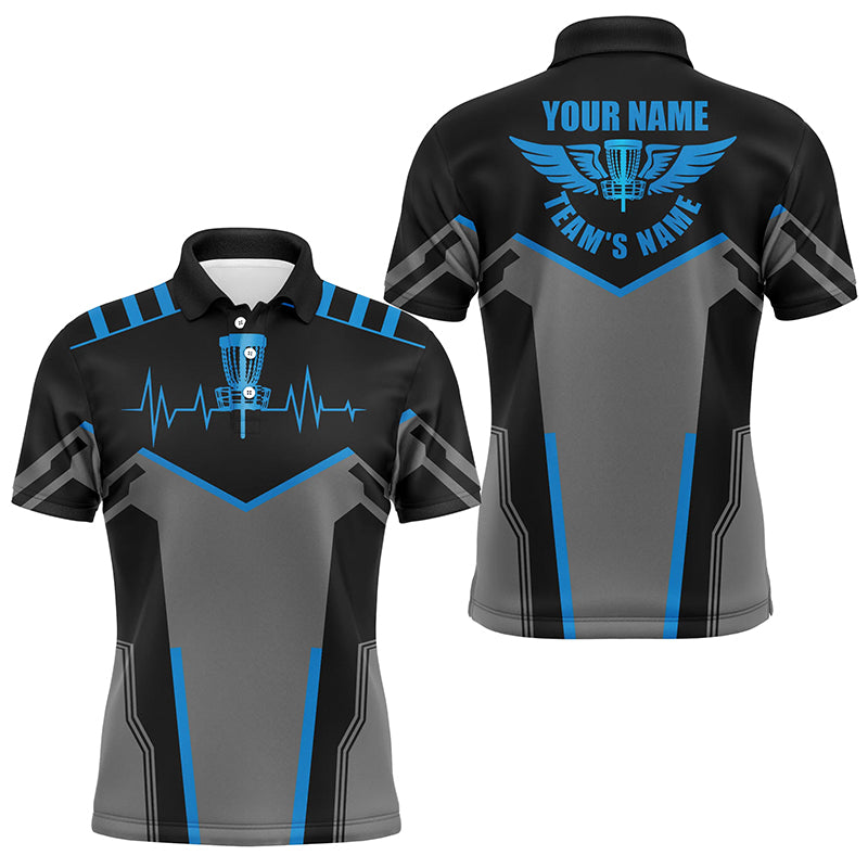 Black Mens disc golf polo shirts custom disc golf heartbeat shirt for men, disco golf outfit | Blue NQS6303