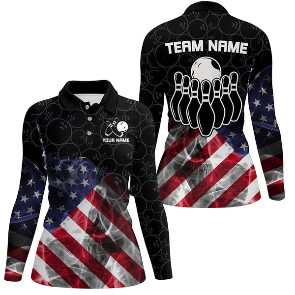 Smoke American Flag Black Camo Custom Bowling Shirts For Women Patriotic Bowling Team League Jerseys NQS8422