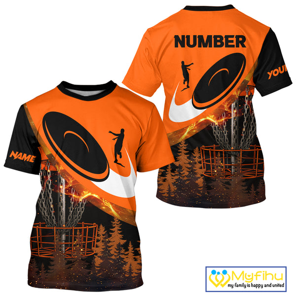 Black and Orange Disc golf T-Shirt Custom Disc Golf basket forest tree, Disc Golfer Gift NQS10820