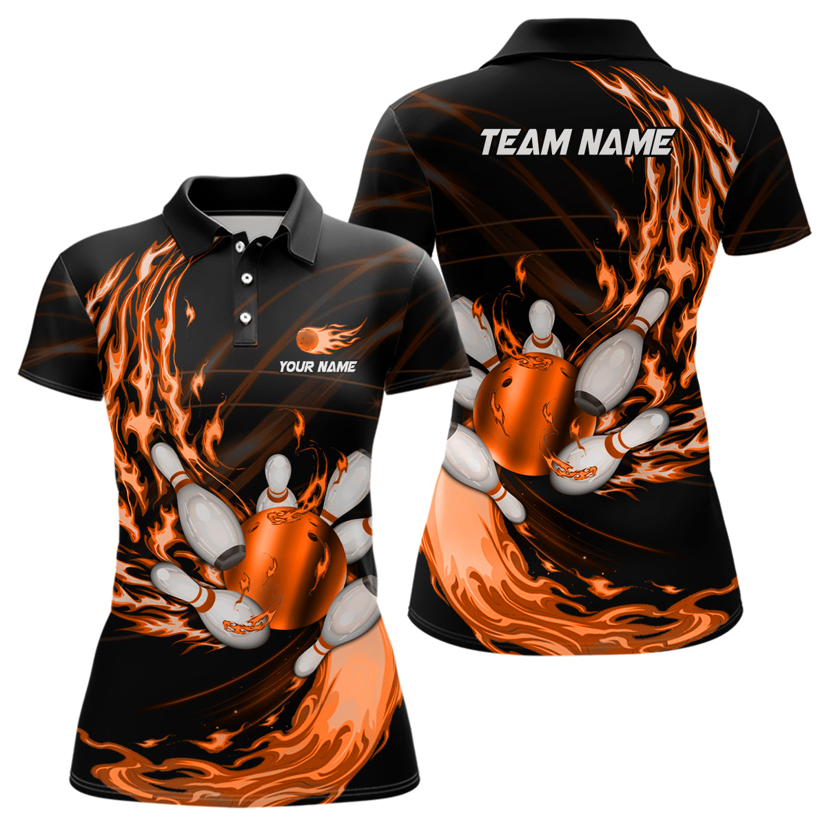 Black Womens bowling shirts Custom Orange flame Bowling ball and pins Team league bowler Jerseys NQS9135