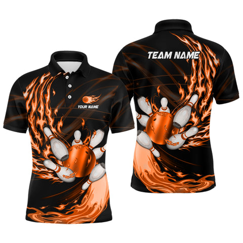 Black Mens bowling shirts Custom Orange flame Bowling ball and pins Team league bowler Jerseys NQS9135