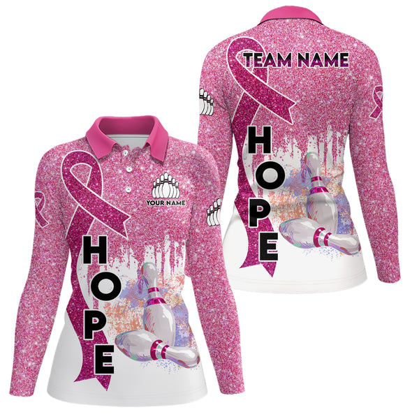 Pink glitter ribbon breast cancer awareness bowling jerseys Custom Team Bowling Polo Shirt For Women NQS6555