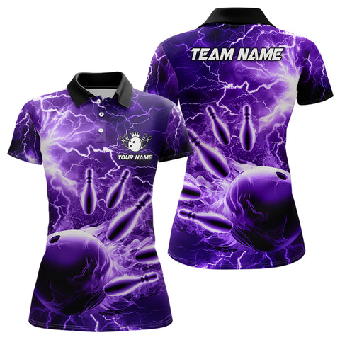 Womens polo bowling shirts Custom purple lightning thunder Bowling Team Jersey, gift for team Bowlers NQS6581