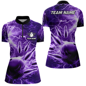 Womens bowling Quarter Zip shirt Custom purple lightning thunder Bowling Team Jersey, gift for Bowlers NQS6581