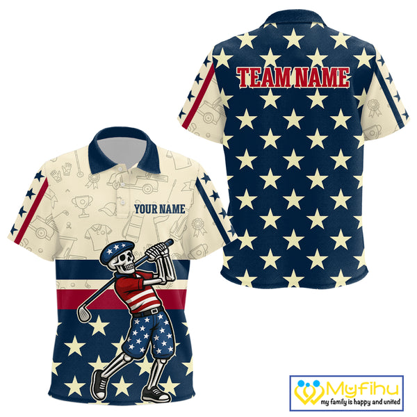 Funny Skull golfer vintage American Flag Custom patriotic golf polo shirts for Kid, golfing gifts NQS9964