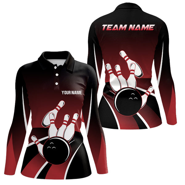 Red and black Women bowling polo shirts Custom Bowling ball pins Team Jersey, gift for team Bowlers NQS6148