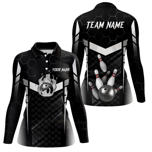 Personalized Bowling Polo, Quarter Zip Shirts For Women Custom Bowling Team Jerseys | Black NQS8479