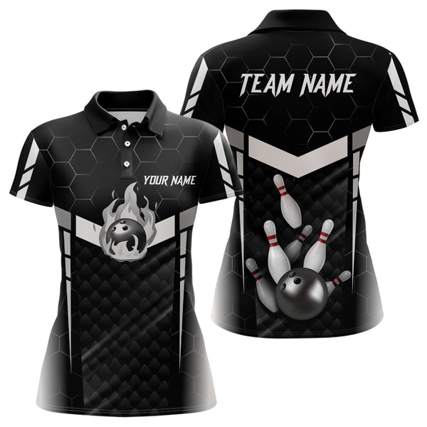 Personalized Bowling Polo, Quarter Zip Shirts For Women Custom Bowling Team Jerseys | Black NQS8479