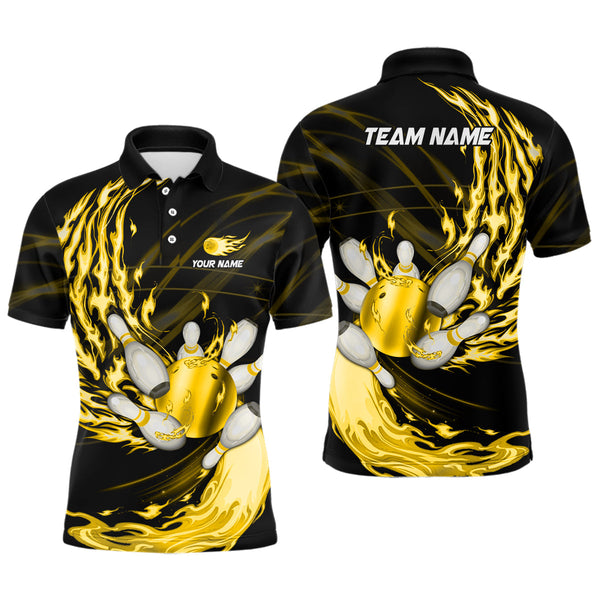 Black Mens bowling shirts Custom Yellow flame Bowling ball and pins Team league bowler Jerseys NQS8485